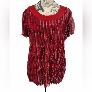 Notations Red Boho Chic Fringe Short Sleeve Top - Bold & Textured Size M